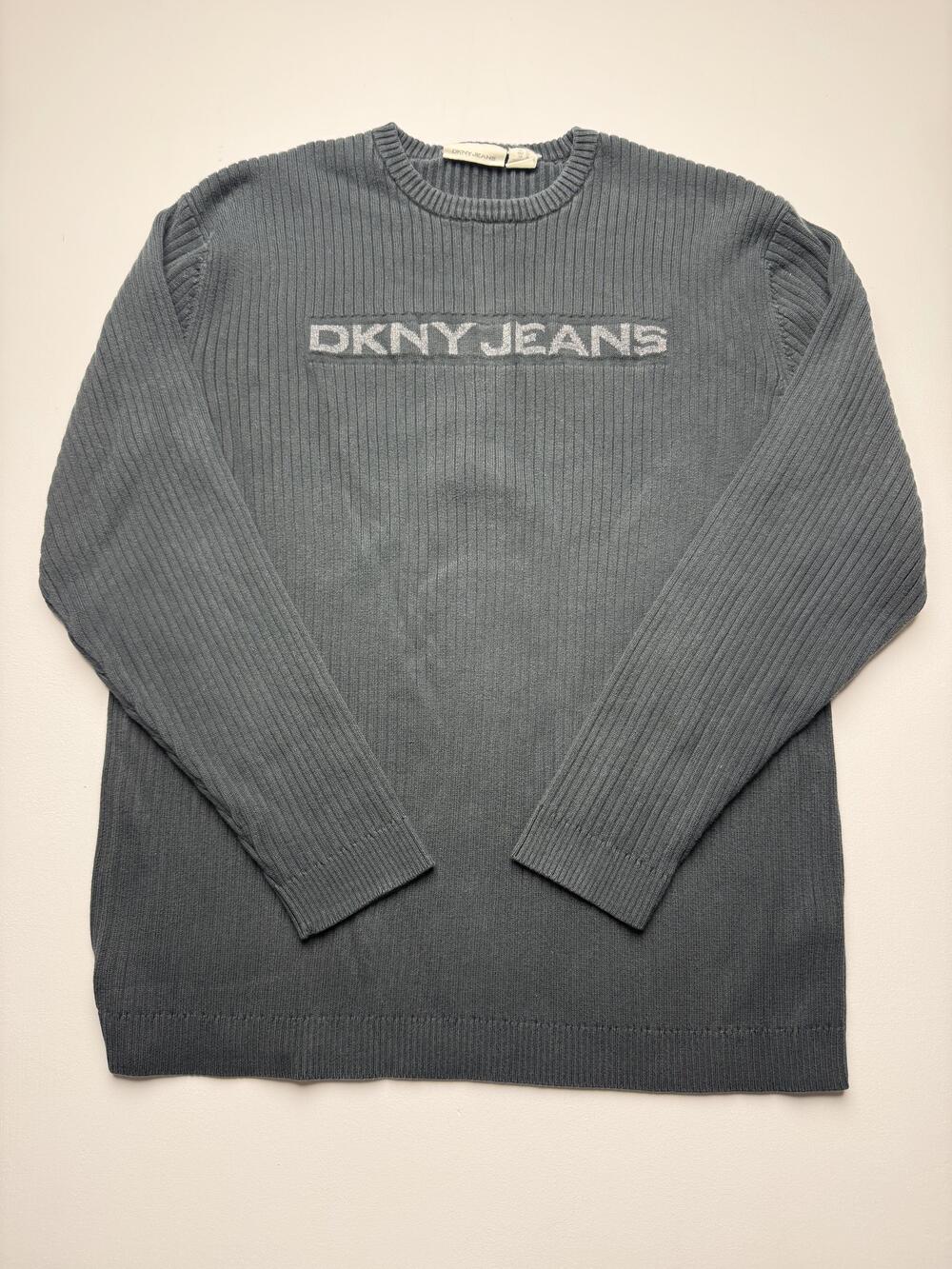 Vintage DKNY Jeans Sweater Mens Xl Gray Crewneck Ribbed Knit Pullover Logo